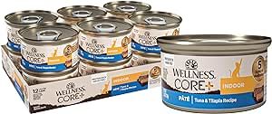 Wellness CORE+ Indoor Natural Grain Free Canned Wet Cat Food, Tuna & Tilapia Pate, 2.8 Ounces (Pack of 12)