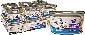 Wellness CORE+ Skin & Coat Natural Grain Free Canned Wet Cat Food, Salmon & Sardine Pate, 2.8 Ounces (Pack of 12)