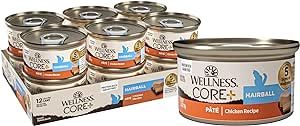 Wellness CORE+ Hairball Natural Grain Free Canned Wet Cat Food, Chicken & Chicken Meal Pate, 2.8 Ounces (Pack of 12)