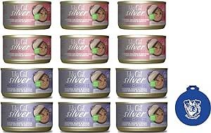 Tiki Cat Silver Canned Mousse & Shreds Cat Food for Seniors 2 Flavor Variety Bundle: 6 Chicken & Duck & 6 Chicken, Salmon & Chicken Liver (12 Cans Total, 2.4 Oz Each) Plus Shaynanigans Silicone Lid