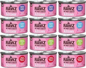 Rawz Natural Premium Kitten Pate Canned Cat Wet Food -12 Pack Cans Variety Flavor Bundle Pack -4 Flavors - (Salmon, Chicken, Tuna, Beef) with Hotspot Pets Can Lid - (2.8 oz Cans)