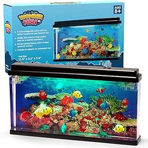 Artificial Fish Tank XL Virtual Ocean Toy in Motion Lamp - Office Desk Aquarium 3 Colorful LED Lights, Aquar - 8 Artificial Fish, 2 Turtles, Bubbles Tank with Moving Fish, Gift for Kids and Adults